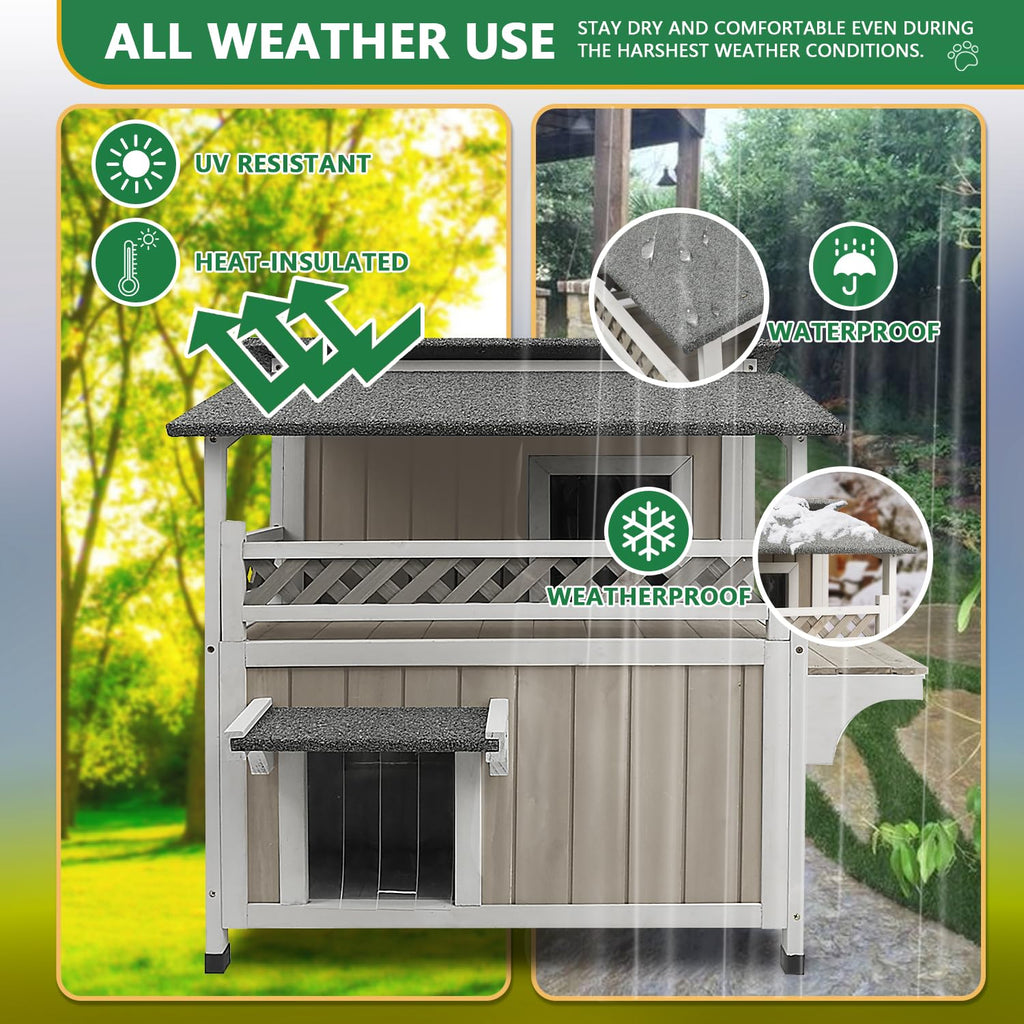 Weatherproof 2-Story Outdoor Cat House with Balcony E718