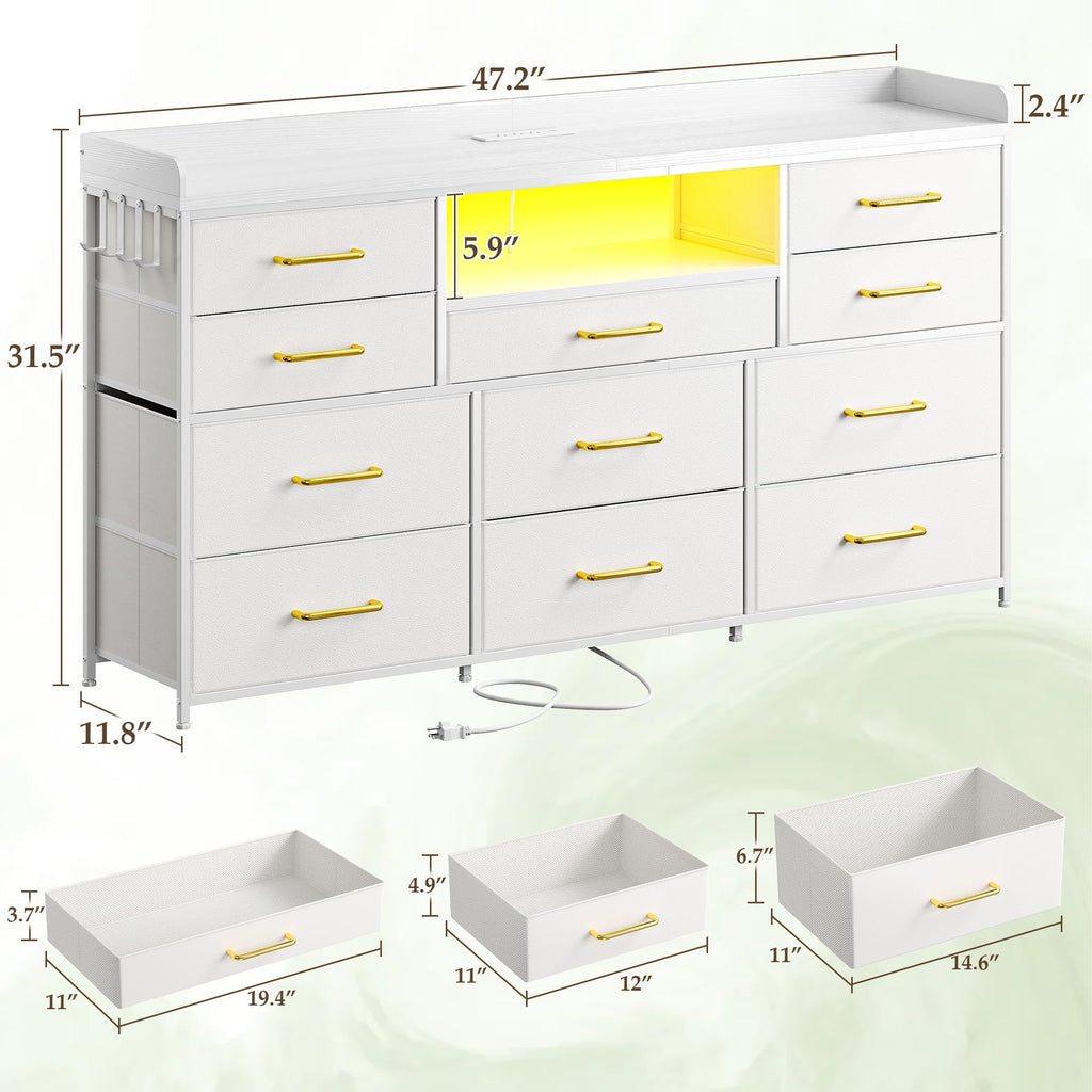 LED Dresser with Charging Station, 11 Drawers & 4 Hooks J2372