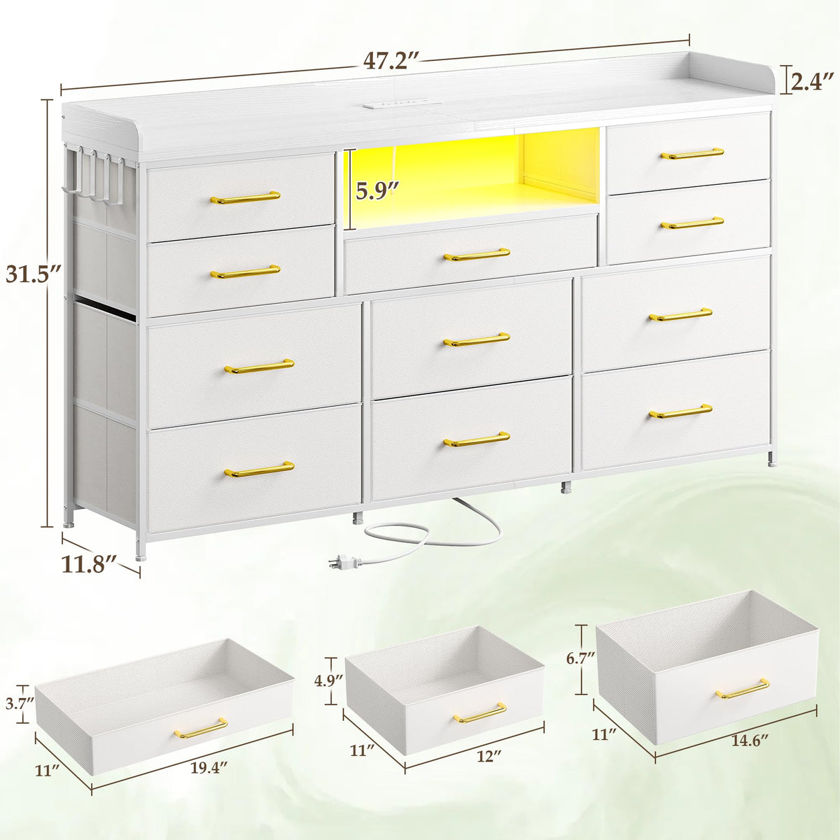 LED Dresser with Charging Station, 11 Drawers & 4 Hooks J2372