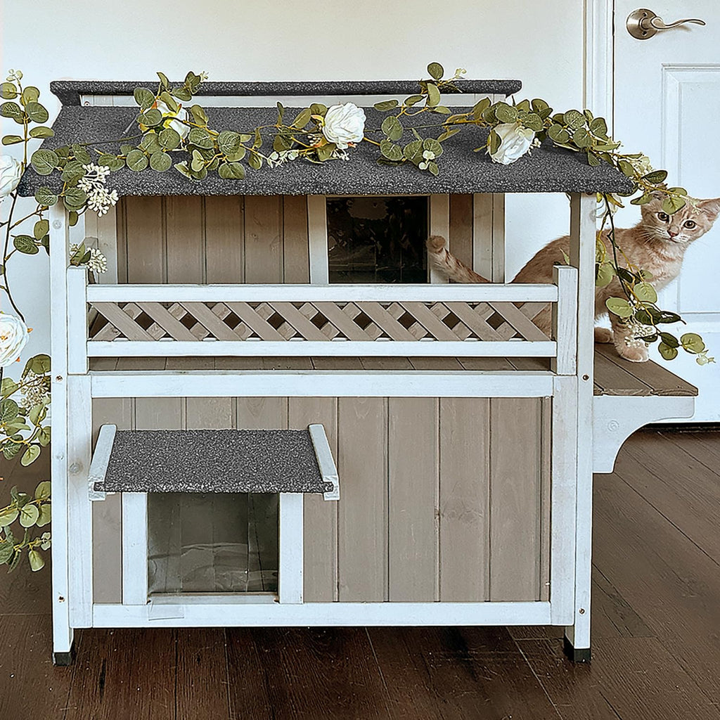 Weatherproof 2-Story Outdoor Cat House with Balcony E718