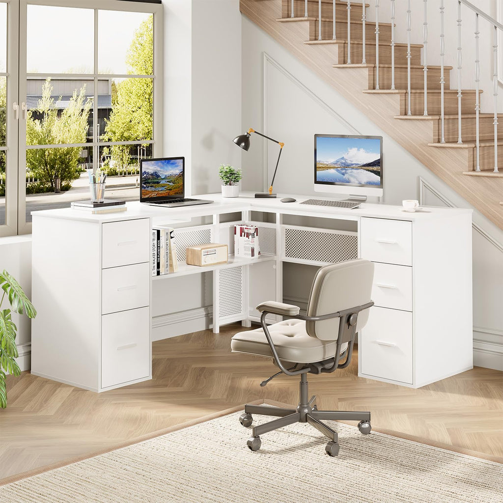 White L Shaped Desk with Drawers J1945