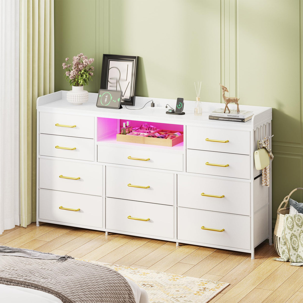 LED Dresser with Charging Station, 11 Drawers & 4 Hooks J2372