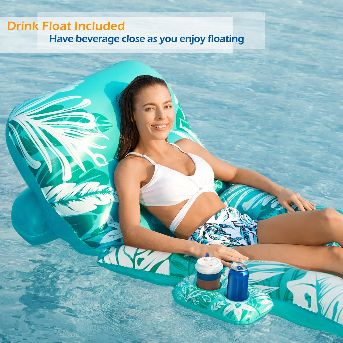 Inflatable Pool Float Lounger with Adjustable Backrest Cup Holders U58214