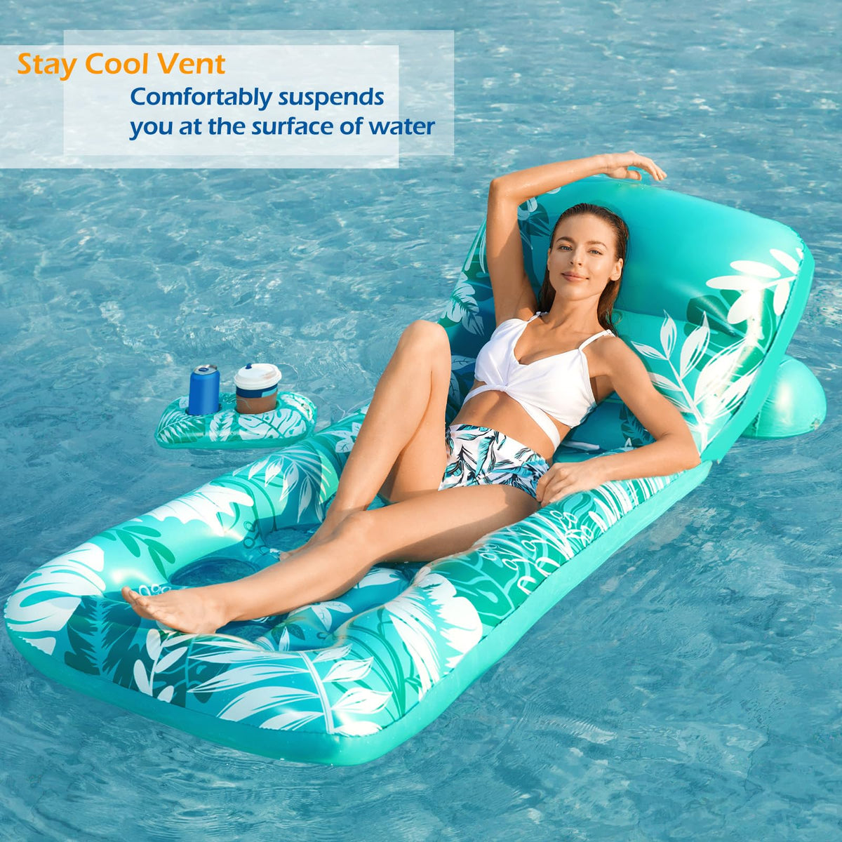 Inflatable Pool Float Lounger with Adjustable Backrest Cup Holders U58214
