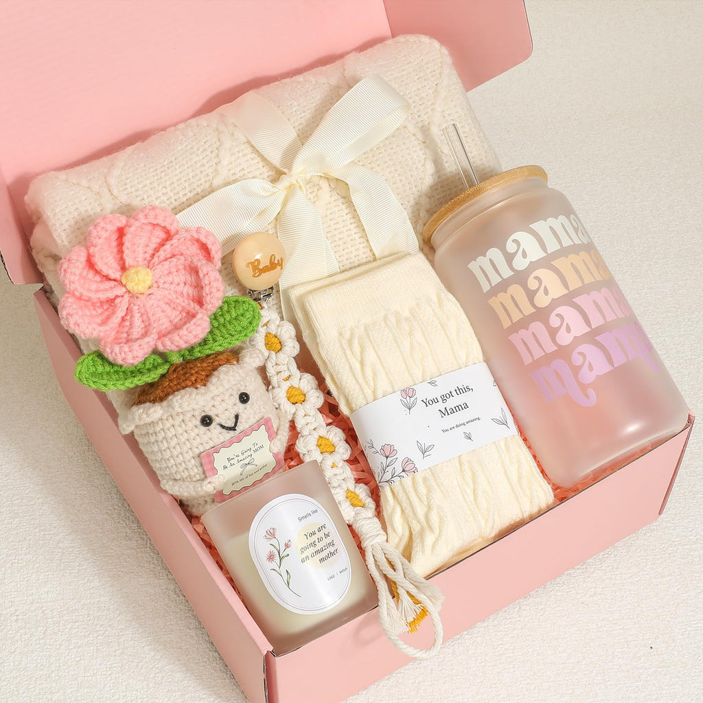Mom Gift Basket with Blanket, Glass Cup, Candle, Socks & Crochet Flower H88529