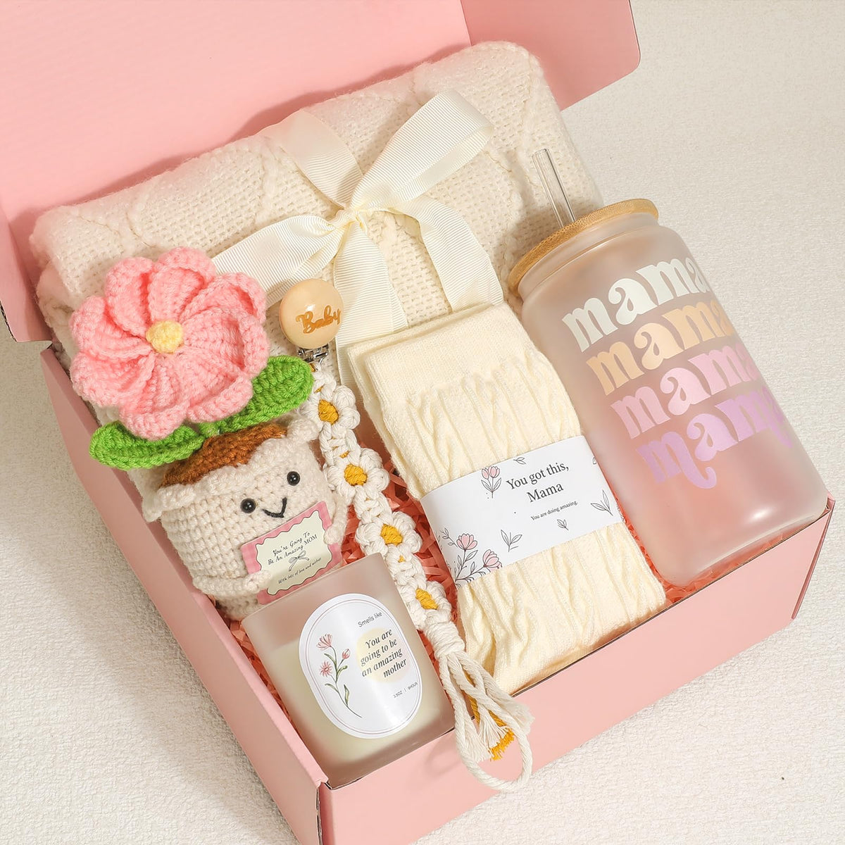 Mom Gift Basket with Blanket, Glass Cup, Candle, Socks & Crochet Flower H88529