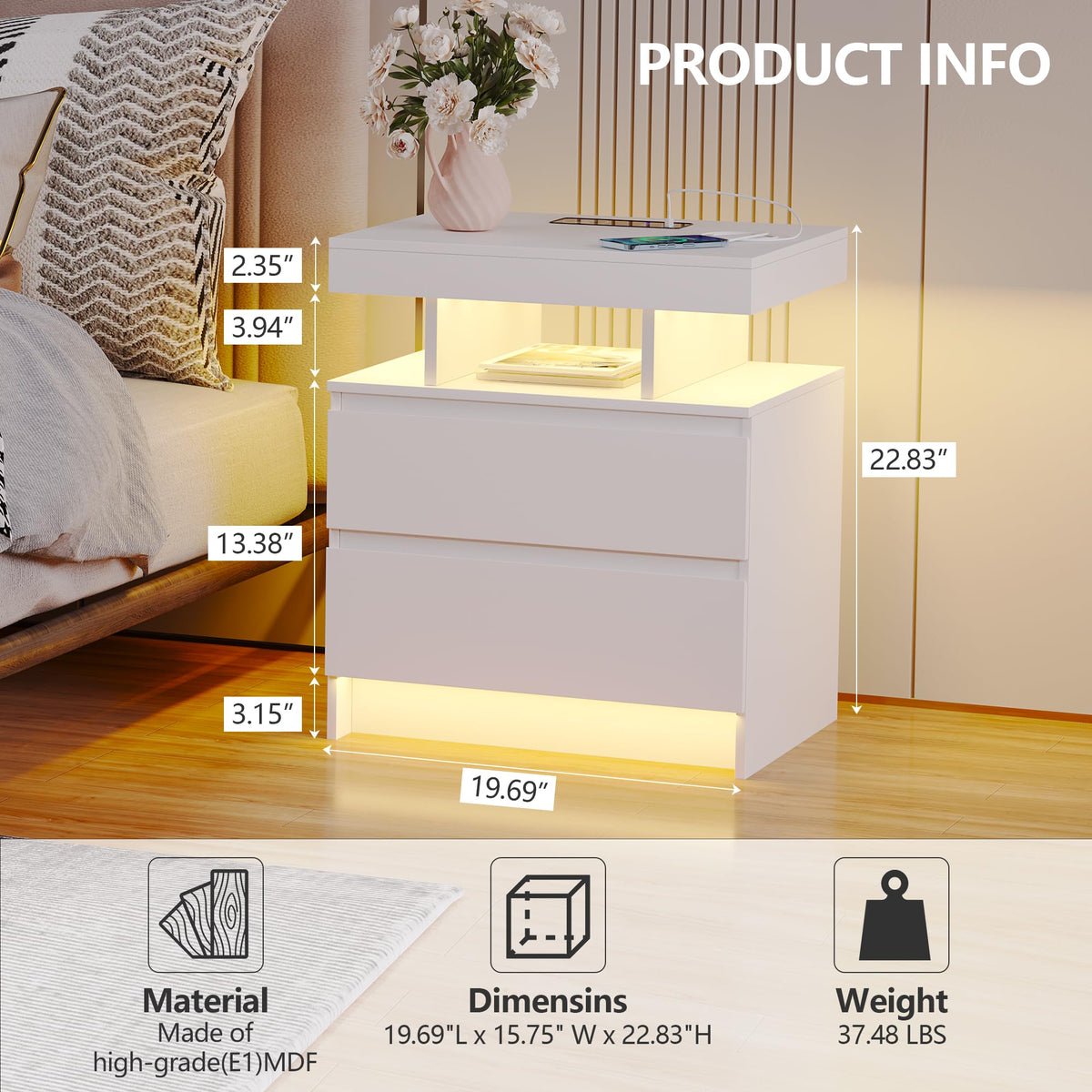 LED Nightstand with Charging Station White N442