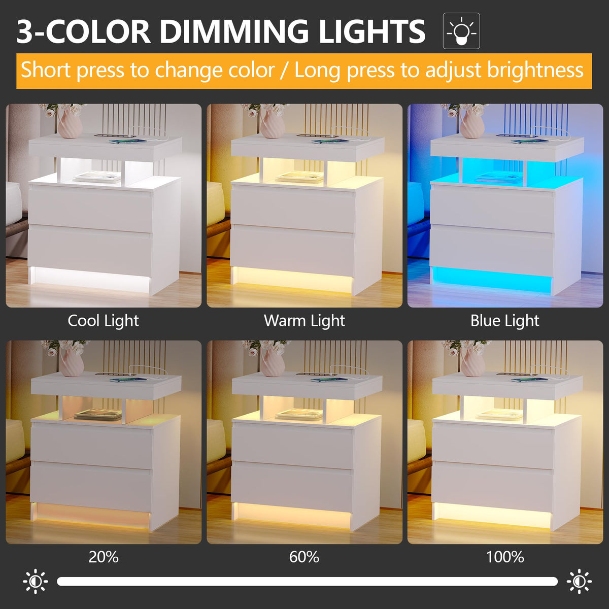 LED Nightstand with Charging Station White N442