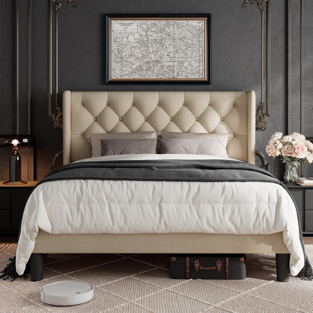 Queen Size Beige Upholstered Platform Bed Frame G99924