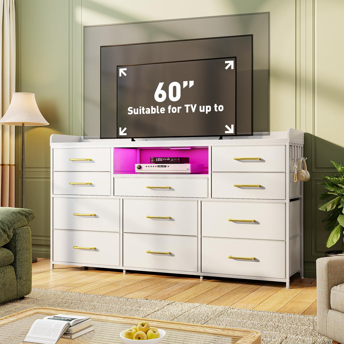 LED Dresser with Charging Station, 11 Drawers & 4 Hooks J2372