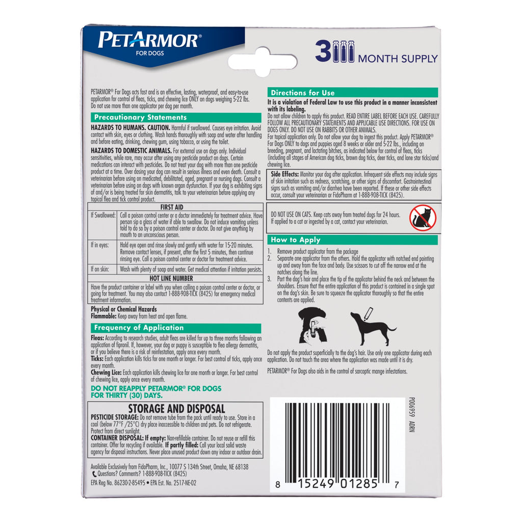Flea & Tick Topical Dogs 5-22 lbs, Fipronil, 3-Month W611627