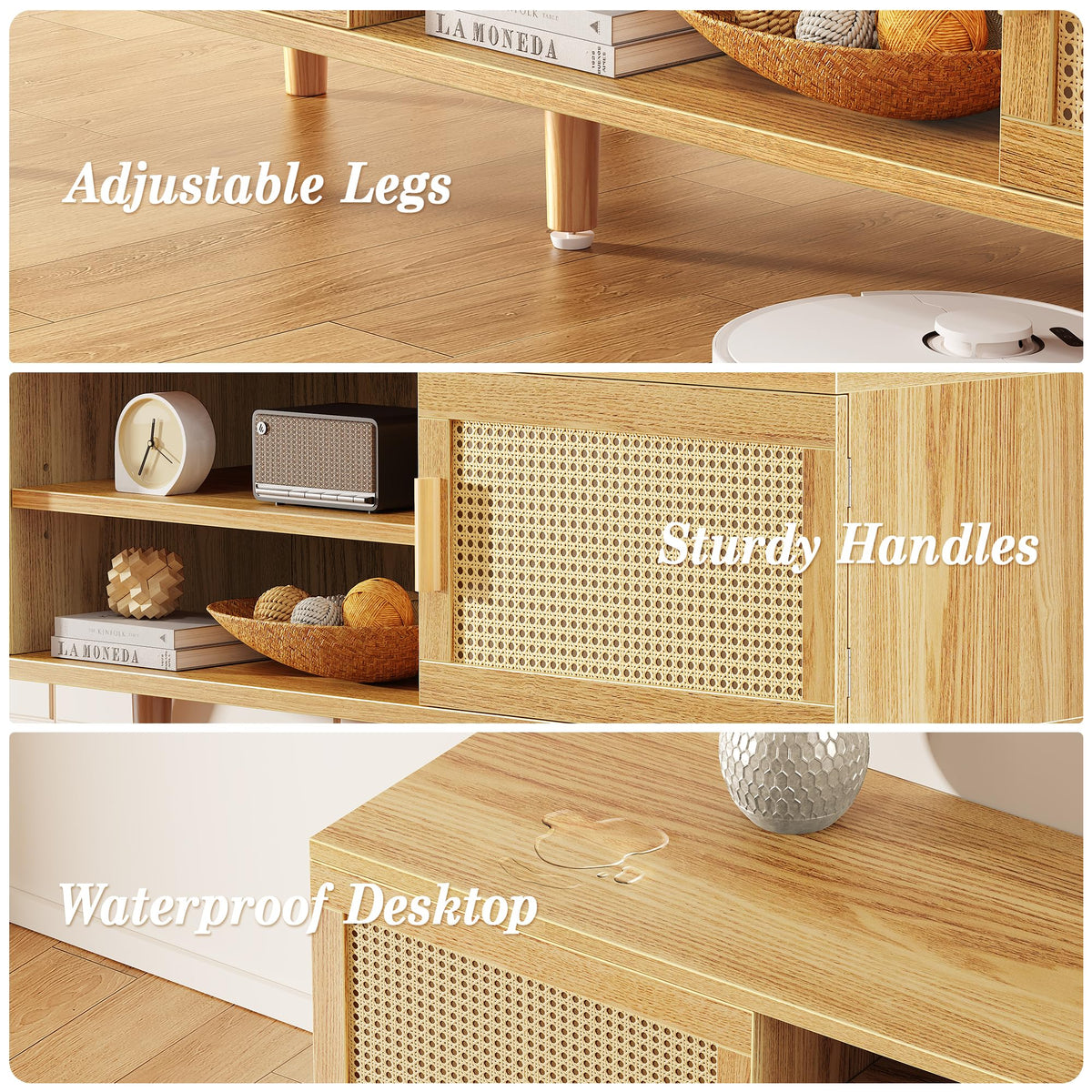 65 Inch Rattan TV Stand with Adjustable Shelf and 2 Cabinets R721888
