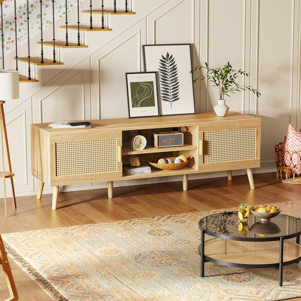 65 Inch Rattan TV Stand with Adjustable Shelf and 2 Cabinets R721888