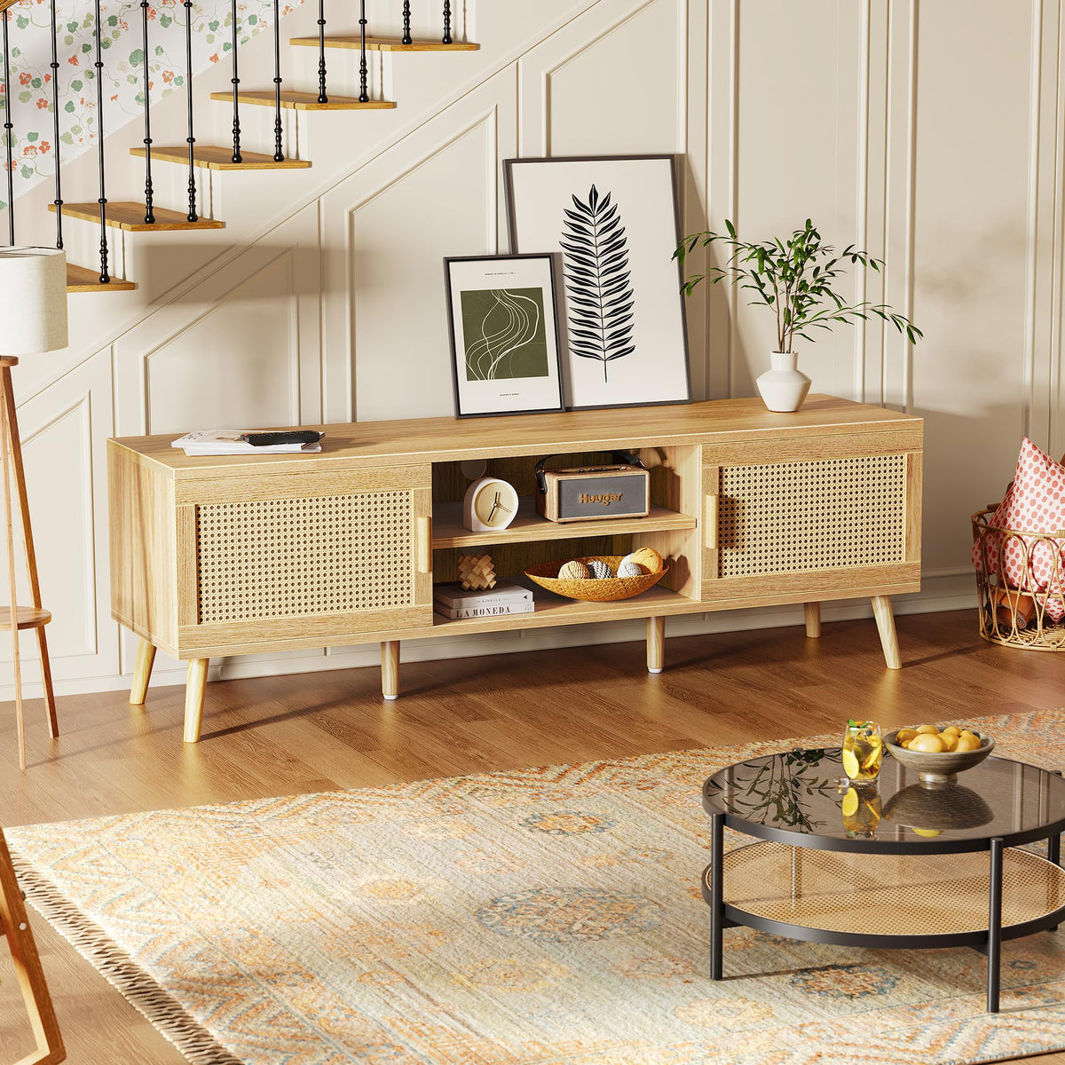 65 Inch Rattan TV Stand with Adjustable Shelf and 2 Cabinets R721888