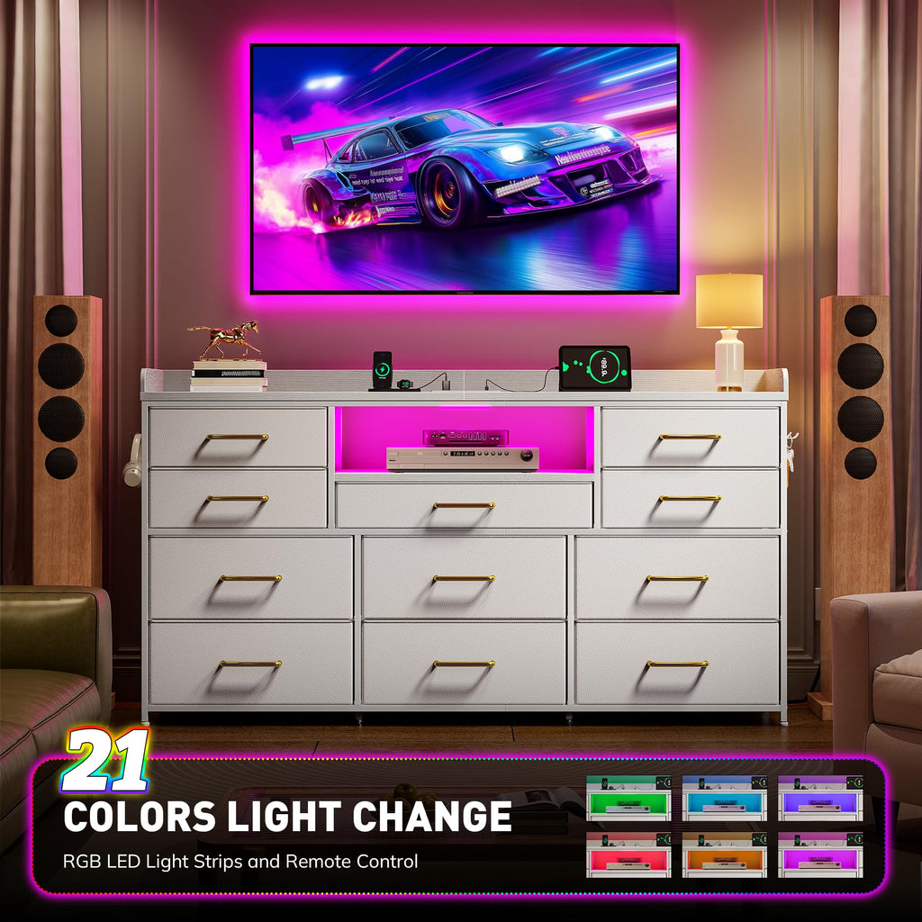 LED Dresser with Charging Station, 11 Drawers & 4 Hooks J2372