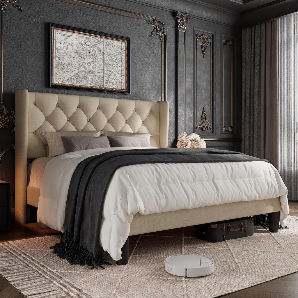 Queen Size Beige Upholstered Platform Bed Frame G99924