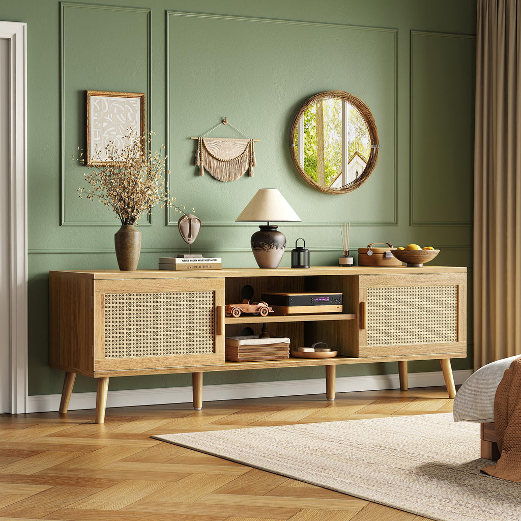65 Inch Rattan TV Stand with Adjustable Shelf and 2 Cabinets R721888
