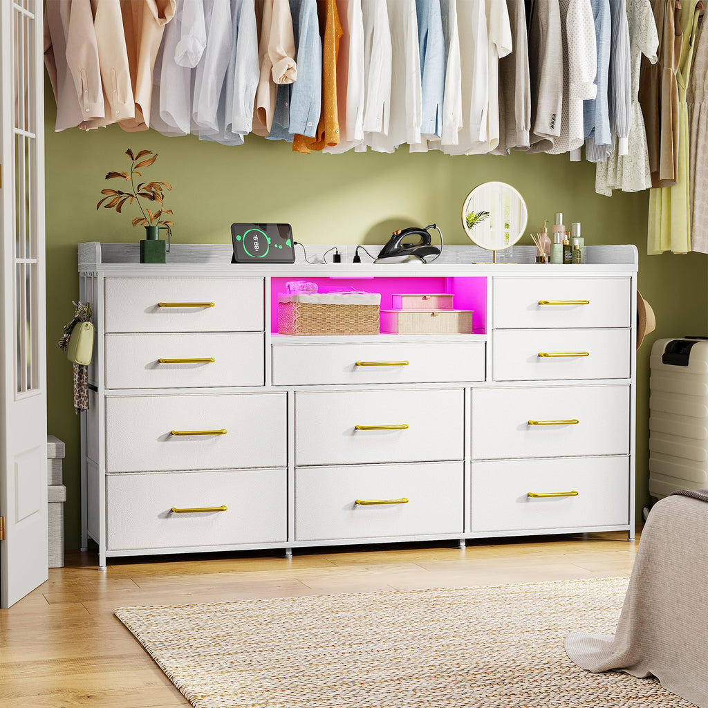 LED Dresser with Charging Station, 11 Drawers & 4 Hooks J2372