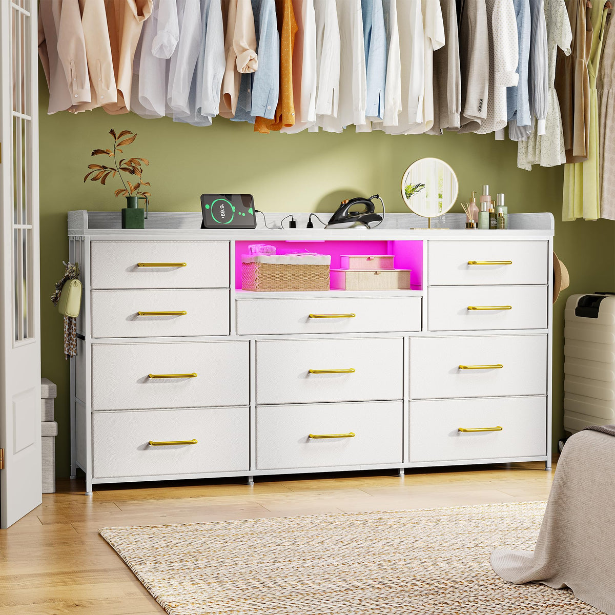 LED Dresser with Charging Station, 11 Drawers & 4 Hooks J2372